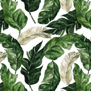 May include: Watercolor illustration of tropical leaves in shades of green and beige. The leaves are arranged in a repeating pattern, creating a seamless design.