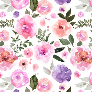 Pink Floral Fabric by the Yard. Quilting Cotton, Organic Knit, Jersey or Minky. Girl Nursery Fabric, Watercolor Florals, Spring, Easter
