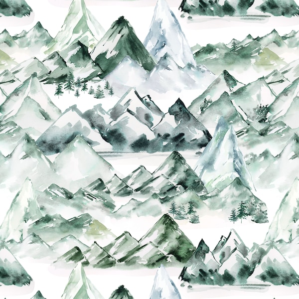 Mountain Fabric by the Yard. Quilting Cotton, Knit, Jersey or Minky. Watercolor Mountains Forest Trees Nature Landscape Scenery