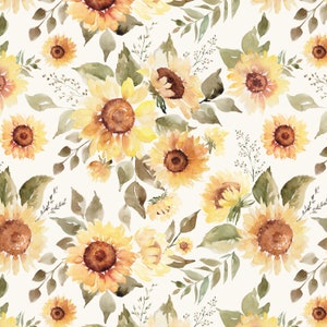 Sunflower Floral Fabric by the Yard. Quilting Cotton, Sateen, Knit, Jersey, Minky, Home Decor Fabric. Watercolor Sunflowers Fabric, Florals