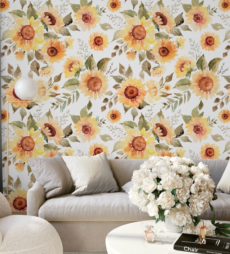 Sunflower Wallpaper Watercolor Sunflowers Floral Greenery - Etsy
