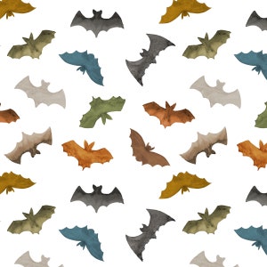 Halloween Bat Fabric by the Yard in Cotton, Poplin, Organic Knit, Jersey or Minky. Halloween Fabric, Colorful Boho Bats Gender Neutral, Fall