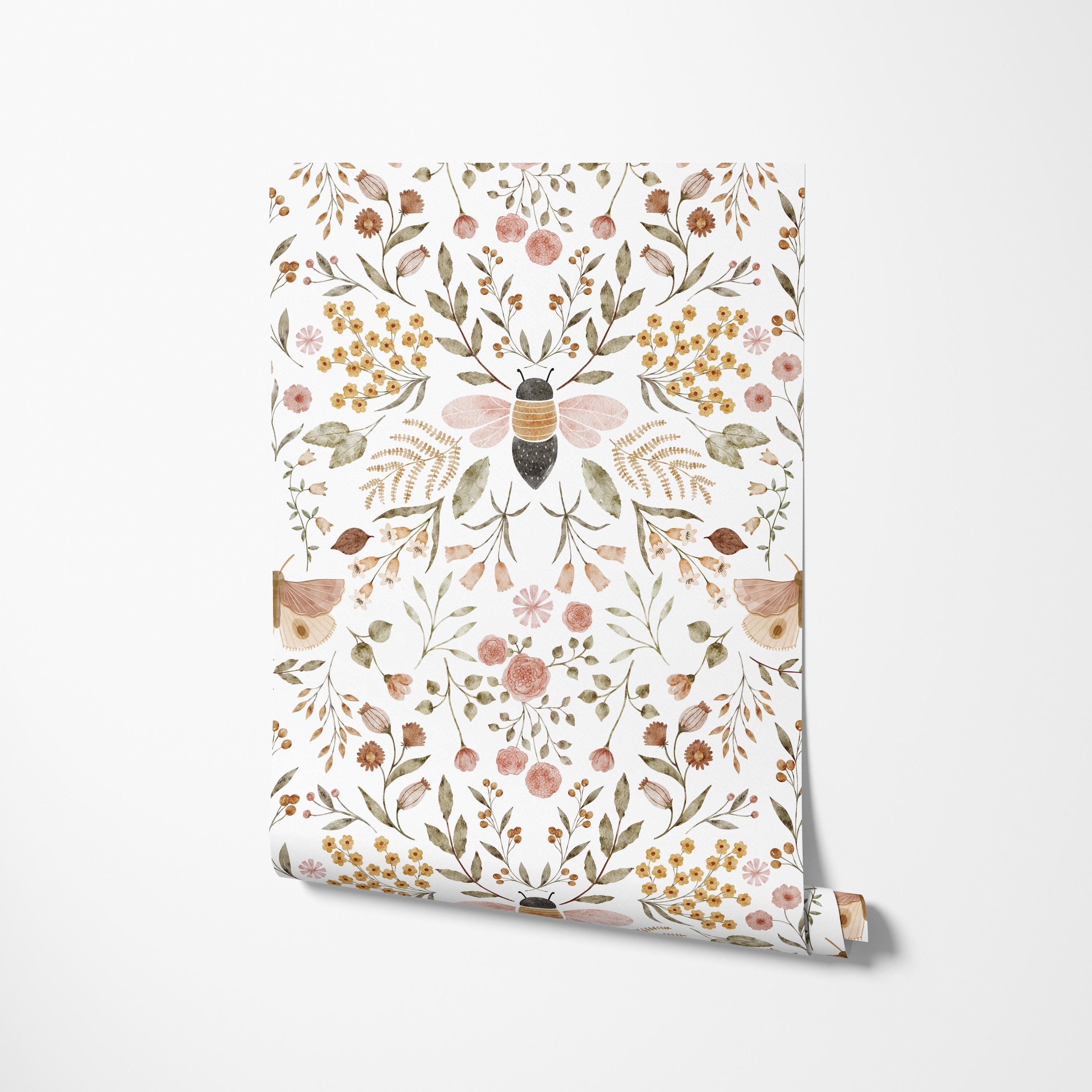 Honey Bloom Wallpaper, Botanical Bee and Butterfly Damask, Nature - Peel and Stick Removable and Prepasted Smooth Wallpaper