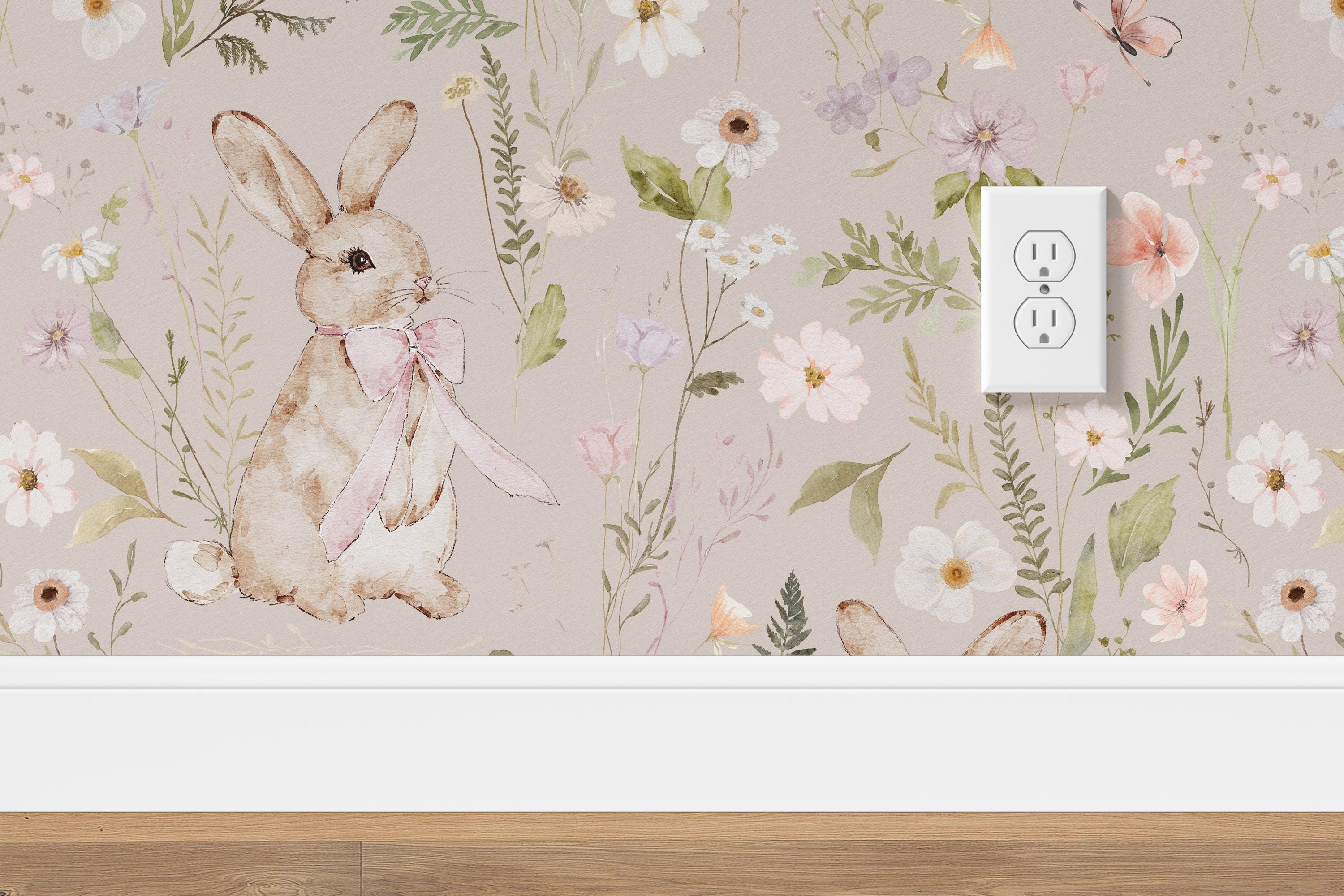 Bunny and Bloom Wallpaper, Cottagecore Wildflowers and Bunnies - Peel ...