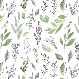 Greenery Leaves Fabric - Watercolor Leaf, Floral, Nature - Quilting Cotton, Sateen, Poplin, Minky, Home Decor, Upholstery Fabric by the Yard