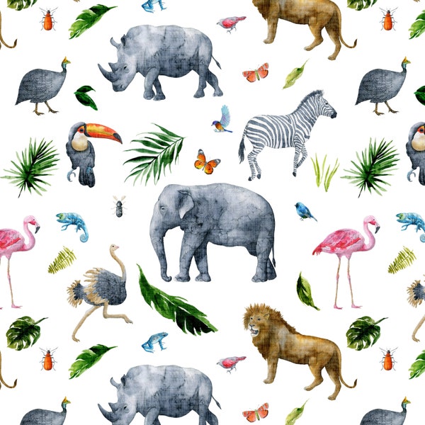 Safari Jungle Fabric by the Yard - Gender Neutral Animal Print, Elephant, Lion - Quilting Cotton, Sateen, Minky, Fleece, Organic Cotton Knit