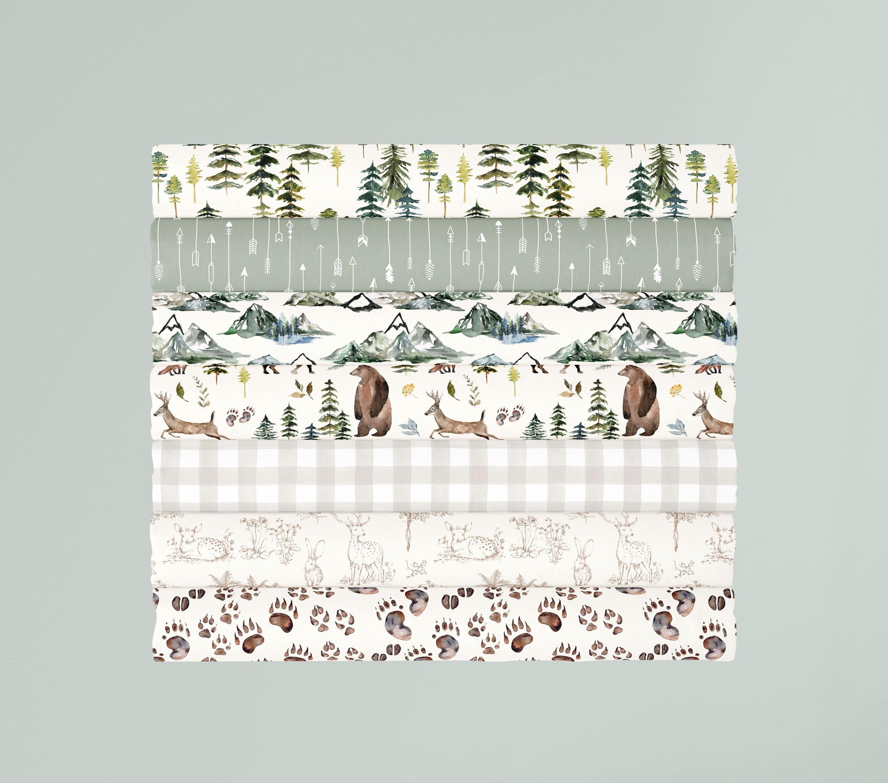 Woodland Fabric Cotton Fat Quarters - 21"W x 18"L. Quilt Cotton in Woodland Animals and Forest Trees - Gender Neutral Baby Nursery
