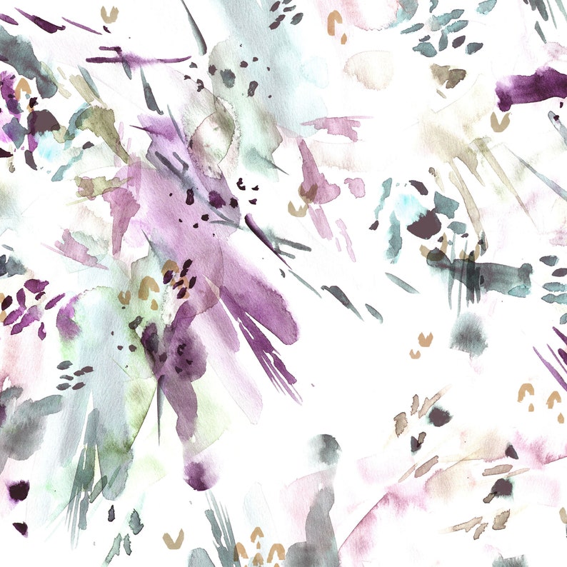 K&ouml;nnte beinhalten: Abstrakte Aquarellmalerei in Lila-, Blau- und Braunt&ouml;nen. Das Gem&auml;lde zeigt eine Vielzahl von Formen und Texturen, die eine dynamische und ausdrucksstarke Komposition erzeugen.