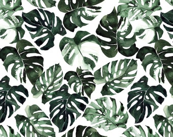 Monstera Tropical Leaves Fabric by the Yard. Quilting Cotton, Poplin, Organic Knit, Jersey or Minky. Rainforest, Jungle, Plants, Botanical