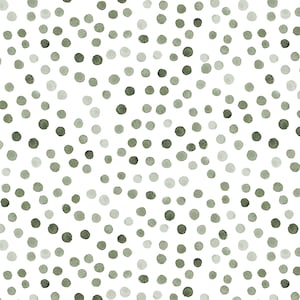 Tela de lunares con acuarela de salvia y sal marina en algodón acolchado, satén y minky, ideal para decoración del hogar. Lunares, minimalista, verde tierra.