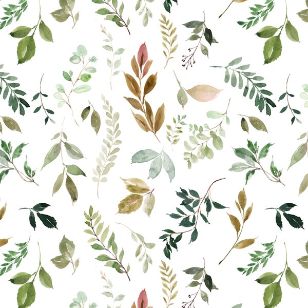 Woodsy Leaves Fabric by the Yard. Quilting Cotton, Knit, Jersey or Minky. Botanical, Nature, Tree, Woodland, Gener Neutral Nursery