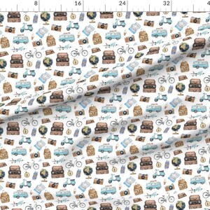 Travel Adventures Fabric by the Yard. Summer Fabric, Road Trip, Airplane. Quilting Cotton, Poplin, Organic Knit, Minky, Home Decor. afbeelding 4