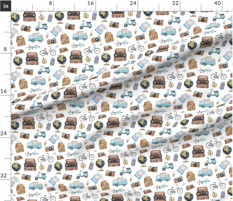 Travel Adventures Fabric by the Yard. Summer Fabric, Road Trip, Airplane. Quilting Cotton, Poplin, Organic Knit, Minky, Home Decor. afbeelding 4