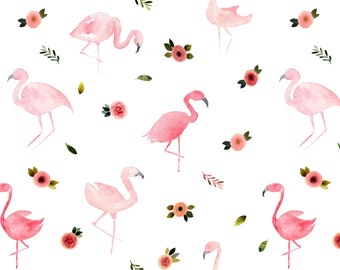 Flamingo Fabric by the Yard. Flamingos Bird and Florals - Quilting Cotton, Poplin, Organic Knit, Cotton Spandex Jersey Fabric by the Yard