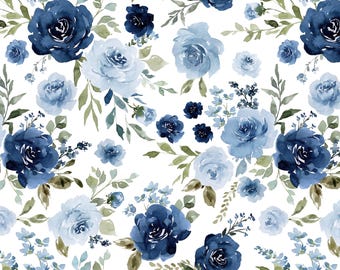 Indigo and Powder Blue Floral Fabric by the Yard. Quilting Cotton, Sateen, Minky, Fleece, Home Decor Fabric, Girl Nursery, Botanical