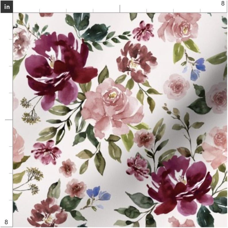 Burgundy and Blush Floral Fabric by the Yard. Watercolor Flowers, Pink ...