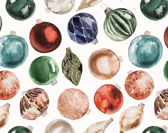 Christmas Ornaments Fabric by the Yard. Quilting Cotton, Sateen, Poplin, Organic Knit, Jersey or Minky. Holiday Winter Xmas Vintage Retro