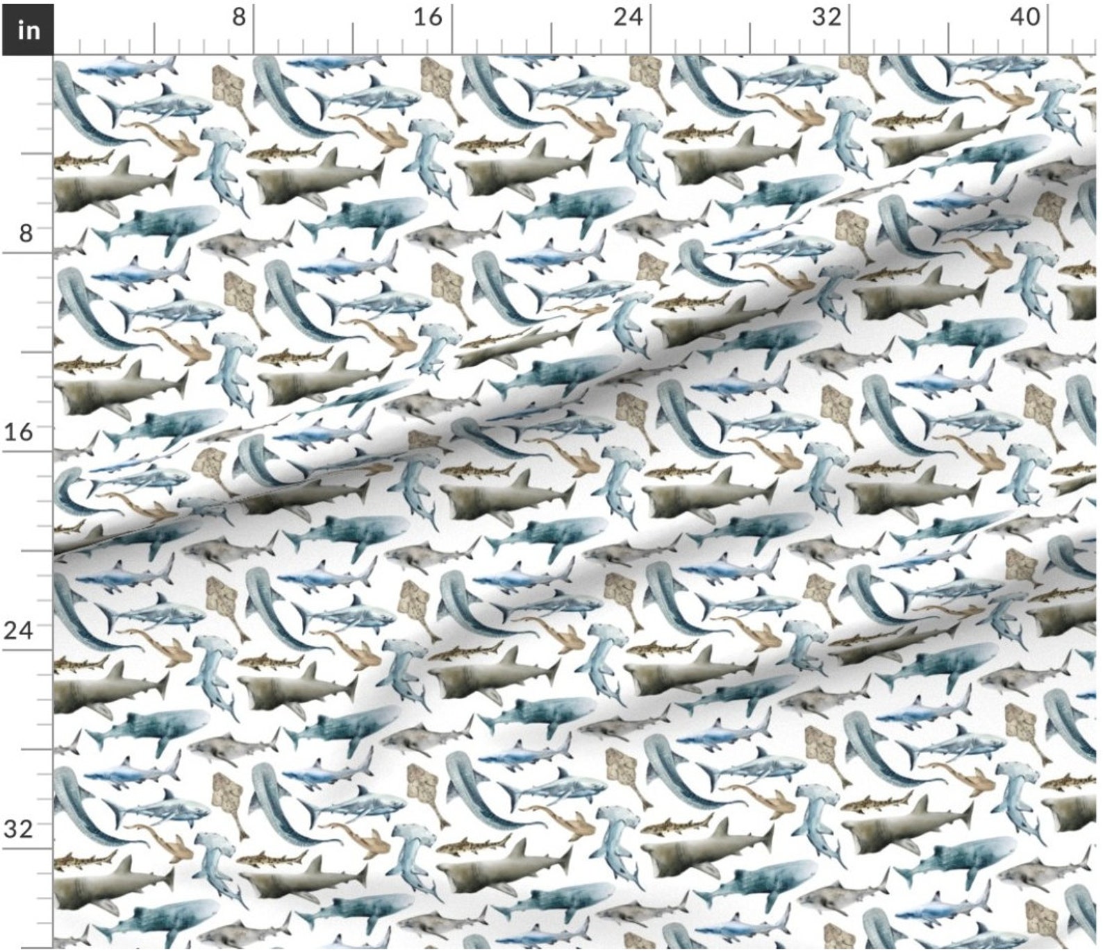 Shark Material Watercolor Sharks Fabric by the Yard. Quilting Cotton, Knit, Jersey or ...
