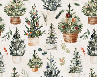 May include: A seamless pattern featuring watercolor illustrations of potted Christmas trees with ornaments and lights. The trees are in various shades of green, blue, and brown, with white accents. The background is a light beige color.