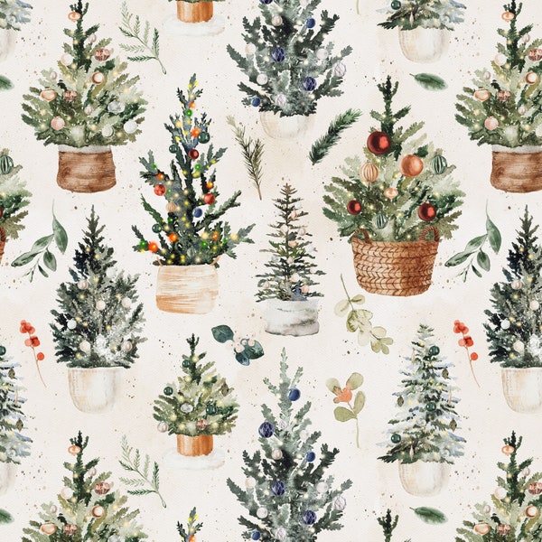 Christmas Trees Fabric by the Yard. Quilting Cotton, Organic Knit, Jersey or Minky. Watercolor Christmas Fabric, Tree, Ornaments, Holiday