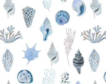 Sea Shells Fabric by the Yard - Summer, Ocean, Coral, Coastal Blue - Quilting Cotton, Organic Sateen, Poplin, Home Decor, Upholstery