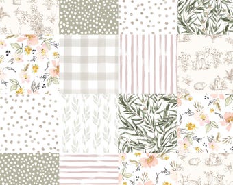 Woodland Cheater Quilt Fabric, Sage and Blush, Dainty, Forest Animals and Florals, Quilting Cotton, Sateen, Minky, Fleece Fabric by the Yard