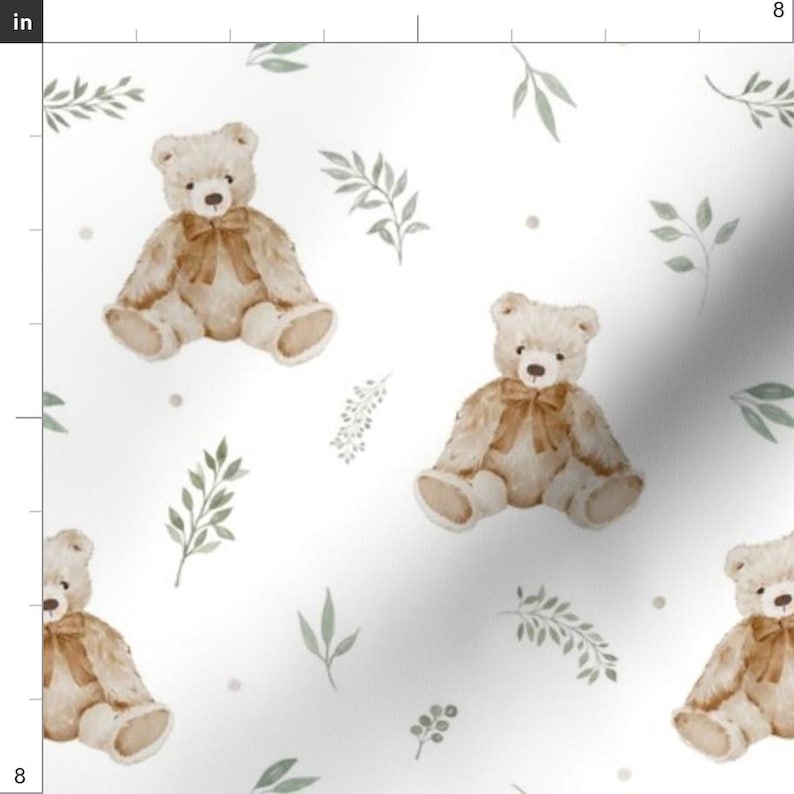 May include: White fabric with a repeating pattern of watercolor teddy bears with brown bows and sprigs of green leaves. The bears are approximately 4 inches tall.