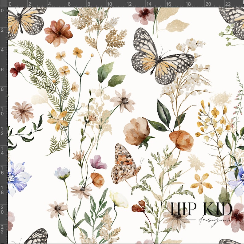 K&ouml;nnte beinhalten: Ein nahtloses Muster mit Aquarell-Illustrationen von Schmetterlingen und Wildblumen in Braun-, Gelb-, Gr&uuml;n- und Blaut&ouml;nen auf wei&szlig;em Hintergrund. Das Muster enth&auml;lt den Text "HIP KID designs".