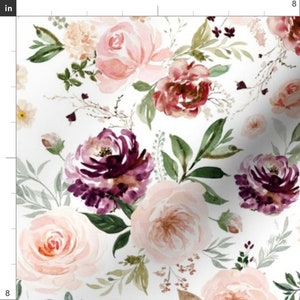May include: A seamless pattern featuring watercolor pink, burgundy, and purple flowers with green leaves on a white background.