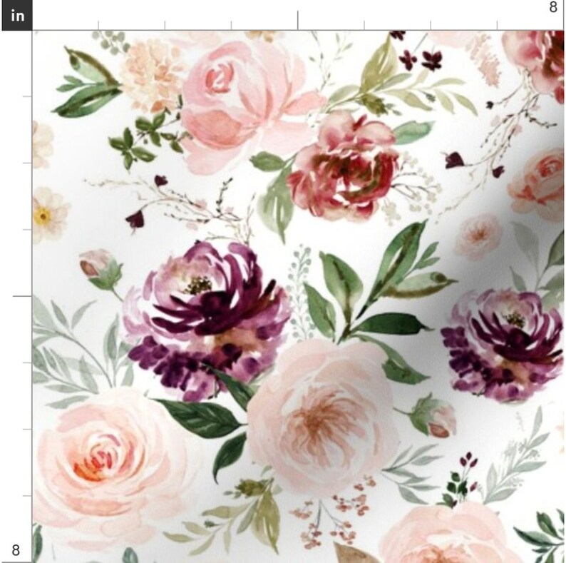 May include: A seamless pattern featuring watercolor pink, burgundy, and purple flowers with green leaves on a white background.