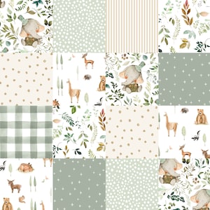 May include: A digital collage of 12 different patterns featuring woodland animals, including deer, llamas, bears, and elephants. The patterns are in shades of green, brown, and white, and include polka dots, stripes, and floral designs.