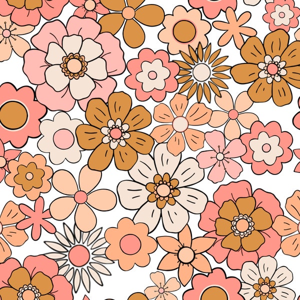 70s Floral Fabric by the Yard. Quilting Cotton, Organic Knit, Jersey Minky. Retro Florals, Boho, Seventies, Pink, Peach, Coral Flowers