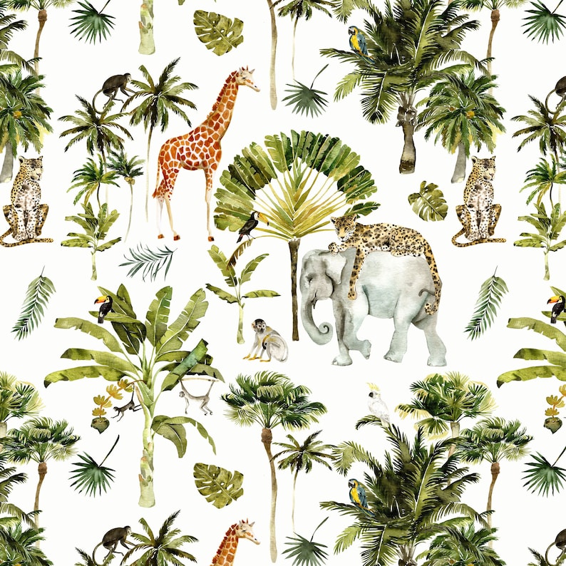 May include: Watercolor illustration of a jungle scene with palm trees, giraffes, leopards, monkeys, toucans, parrots, and an elephant. The design features a repeating pattern of tropical animals and foliage on a white background.