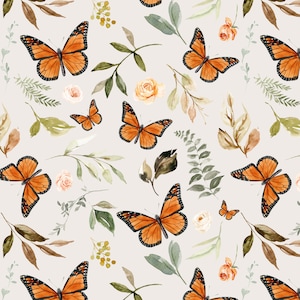 Monarch Butterfly Fabric - Watercolor Butterflies and Florals - Quilting Cotton, Jersey Knit, Minky, Fleece, Home Decor Fabric by the Yard