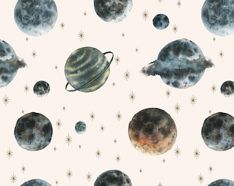 Galaxy Fabric by the Yard in Quilting Cotton, Sateen, Poplin, Minky, Fleece, Home Decor Fabric Solar System, Outer Space, Watercolor Planets