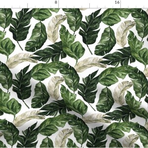 May include: A seamless pattern featuring watercolor illustrations of green and beige tropical leaves on a white background.