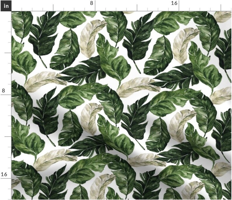 May include: A seamless pattern featuring watercolor illustrations of green and beige tropical leaves on a white background.