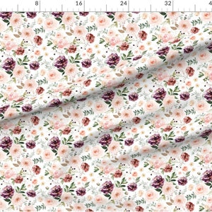May include: A seamless pattern featuring a white background with a repeating design of pink, burgundy, and green watercolor flowers. The flowers are arranged in a random pattern and are surrounded by green leaves.