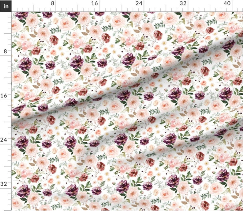 May include: A seamless pattern featuring a white background with a repeating design of pink, burgundy, and green watercolor flowers. The flowers are arranged in a random pattern and are surrounded by green leaves.