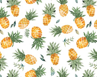 Tropical Pineapples Fabric by the Yard. Summer Fruit, Beach, Food, Golden Yellow. Quilting Cotton, Poplin, Organic Knit, Minky, Home Decor.