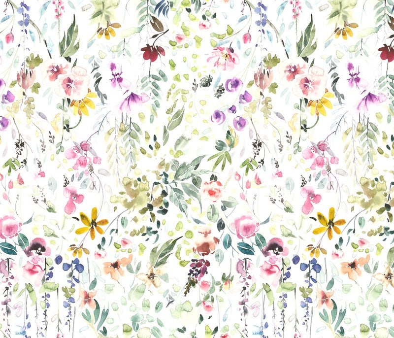 Fabric cotton jersey with flowers flowers flower meadow design white pink green yellow colorful dress fabric