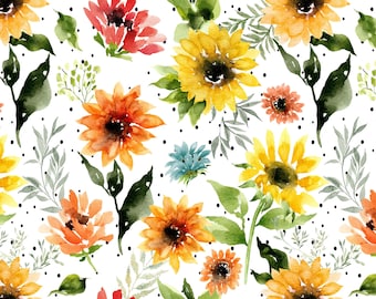 Sunflower Fabric - Wild Sunflowers, Colorful, Fall - Quilting Cotton, Sateen, Minky, Fleece, Organic Knit Floral Fabric by the Yard