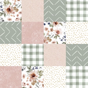May include: A patchwork quilt design featuring a variety of patterns in shades of pink, white, and gray. The patterns include floral prints, polka dots, gingham, and chevron.