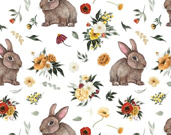 Bunny and Floral Fabric - Watercolor Bunnies, Flowers - Quilting Cotton, Sateen, Organic Knit, Minky, Fleece, Home Decor Fabric by the Yard