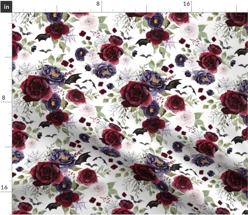 Halloween Floral Fabric by the Yard. Spooky, Botanical, Spider Webs, Spiders, Bats, Flower Fabric, Fall. Quilt Cotton, Minky, Knit, Jersey image 3