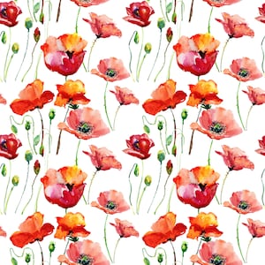 Coral Poppies Fabric - Spring Floral, Poppy, Watercolor Floral - Cotton, Sateen, Poplin, Minky, Home Decor, Upholstery Fabric by the Yard