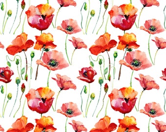 Coral Poppies Fabric - Spring Floral, Poppy, Watercolor Floral - Cotton, Sateen, Poplin, Minky, Home Decor, Upholstery Fabric by the Yard