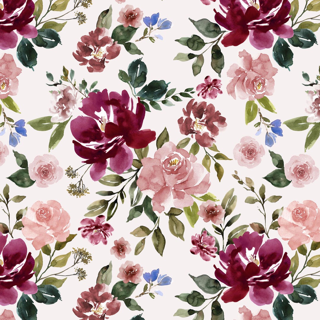 Burgundy and Blush Floral Fabric by the Yard. Watercolor Flowers, Pink ...
