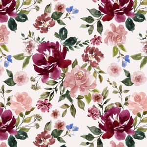 Burgundy and Blush Floral Fabric by the Yard. Watercolor Flowers, Pink. Quilting Cotton, Sateen, Organic Knit, Minky, Linen Cotton Canvas