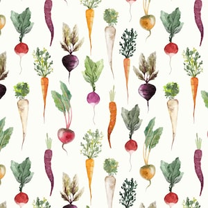 May include: A seamless pattern featuring watercolor illustrations of various vegetables, including carrots, radishes, turnips, parsnips, and beets. The vegetables are depicted in a variety of colors and are arranged in a repeating pattern.